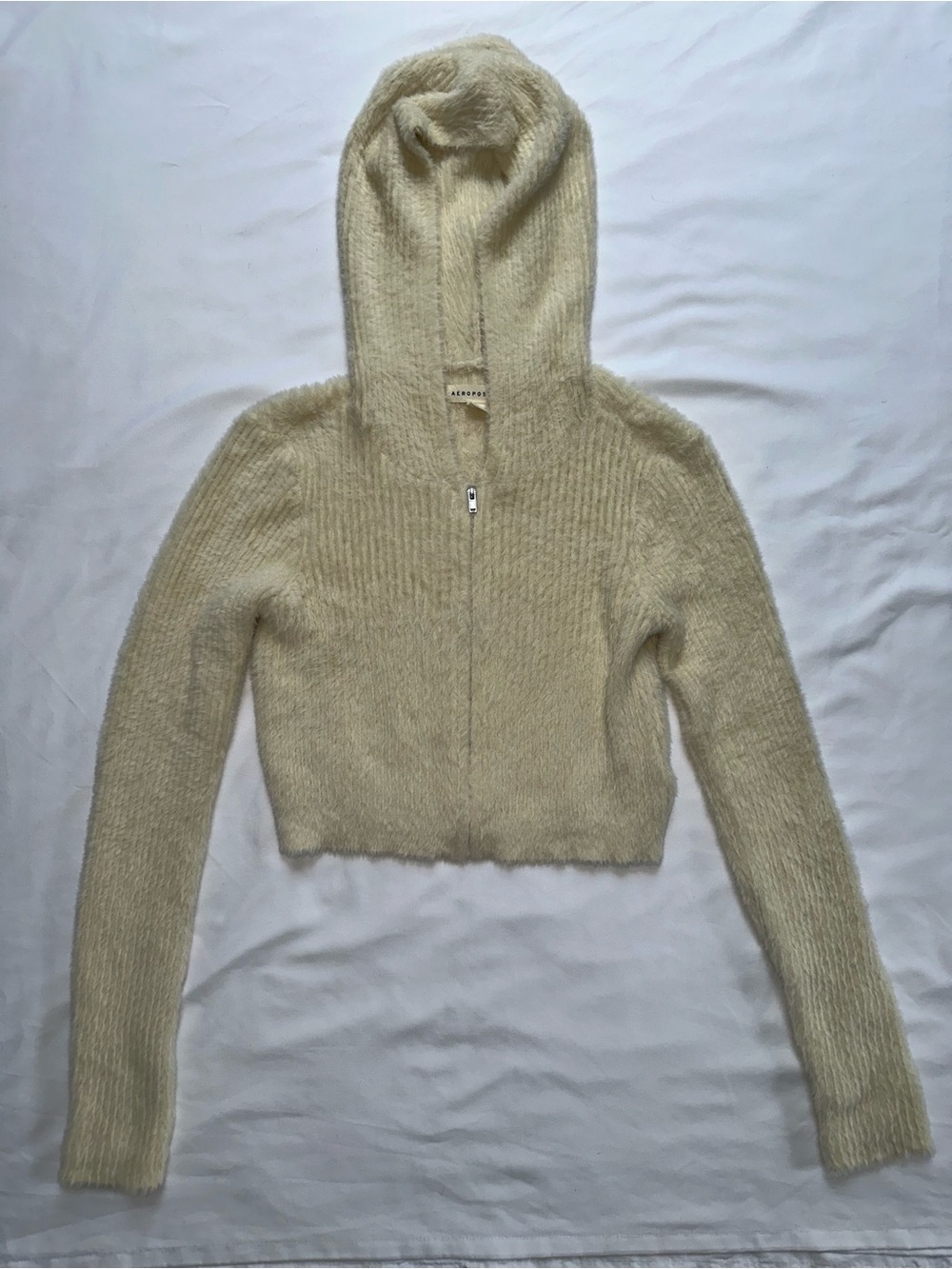 Aeropostale Cream Fuzzy Hooded Zip Sweater